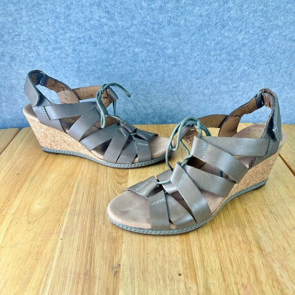 CLARKS Cushion Helio Mindin Lace Cork Taupe Wedge Sandal Womens Size 8 M Heels - Picture 2 of 10